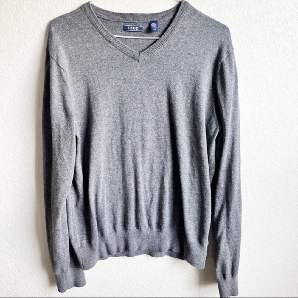 Izod Sweater Gray V Neck Long Sleeve size Large